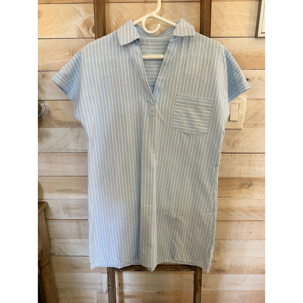 Cupshe Light Blue White Striped V-Neck Tunic Dress Cover Up Medium